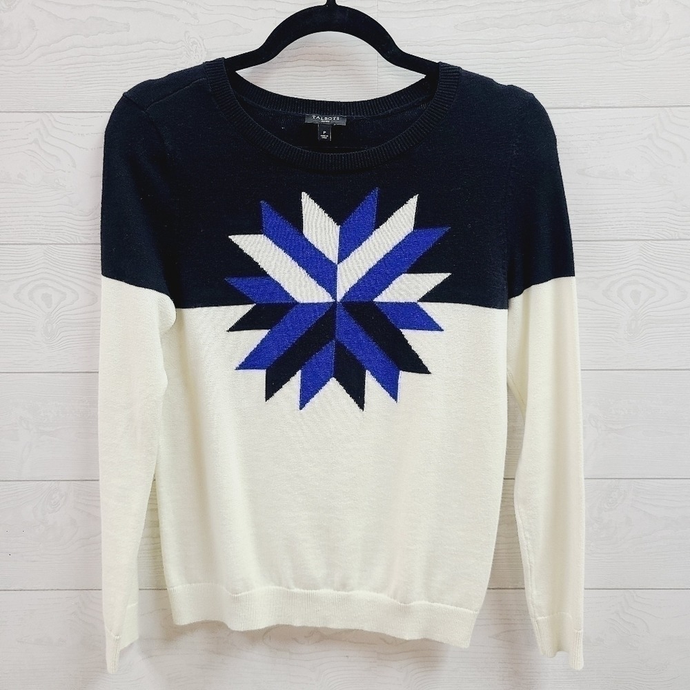 Talbots Petites Blue Whte Blck Starburst Colorblock Sweater Petite P Cotton Wool